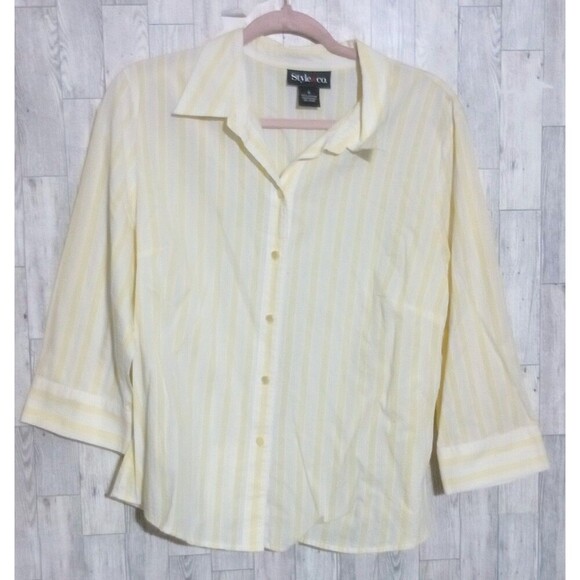 Style&co. Tops - Style & Co Blouse Striped 3/4 Sleeve Collared Button Up Yellow White Size 16